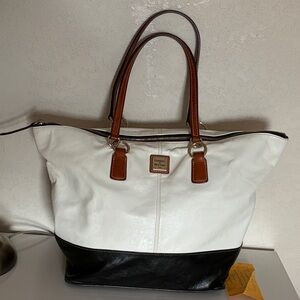 Dooney & Bourke White and Black Tote with Brown Handles